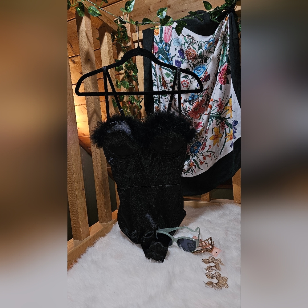 Elegant Black Feathered Women's Bodysuit